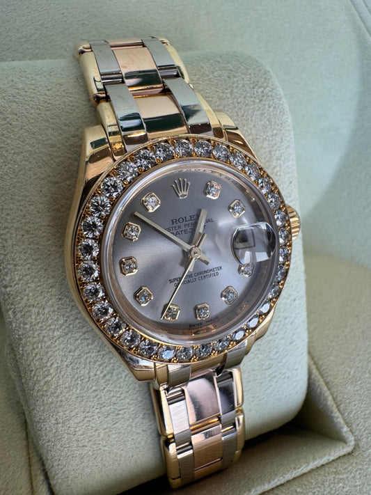 Rolex Pearlmaster Masterpiece 29mm Tridor Gold Diamond Watch | Ref 80298 | Steel Diamond Dial | 32 Diamond Bezel | Luxury Rolex Ladies Watch