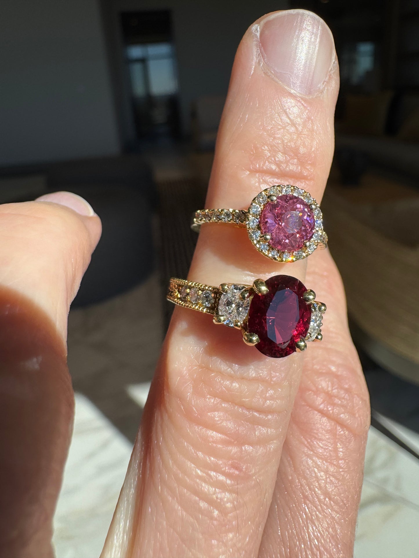 Vintage Style 18k Yellow Gold Natural Red & Pink Spinel Diamond Ring Bundle (2 Rings)