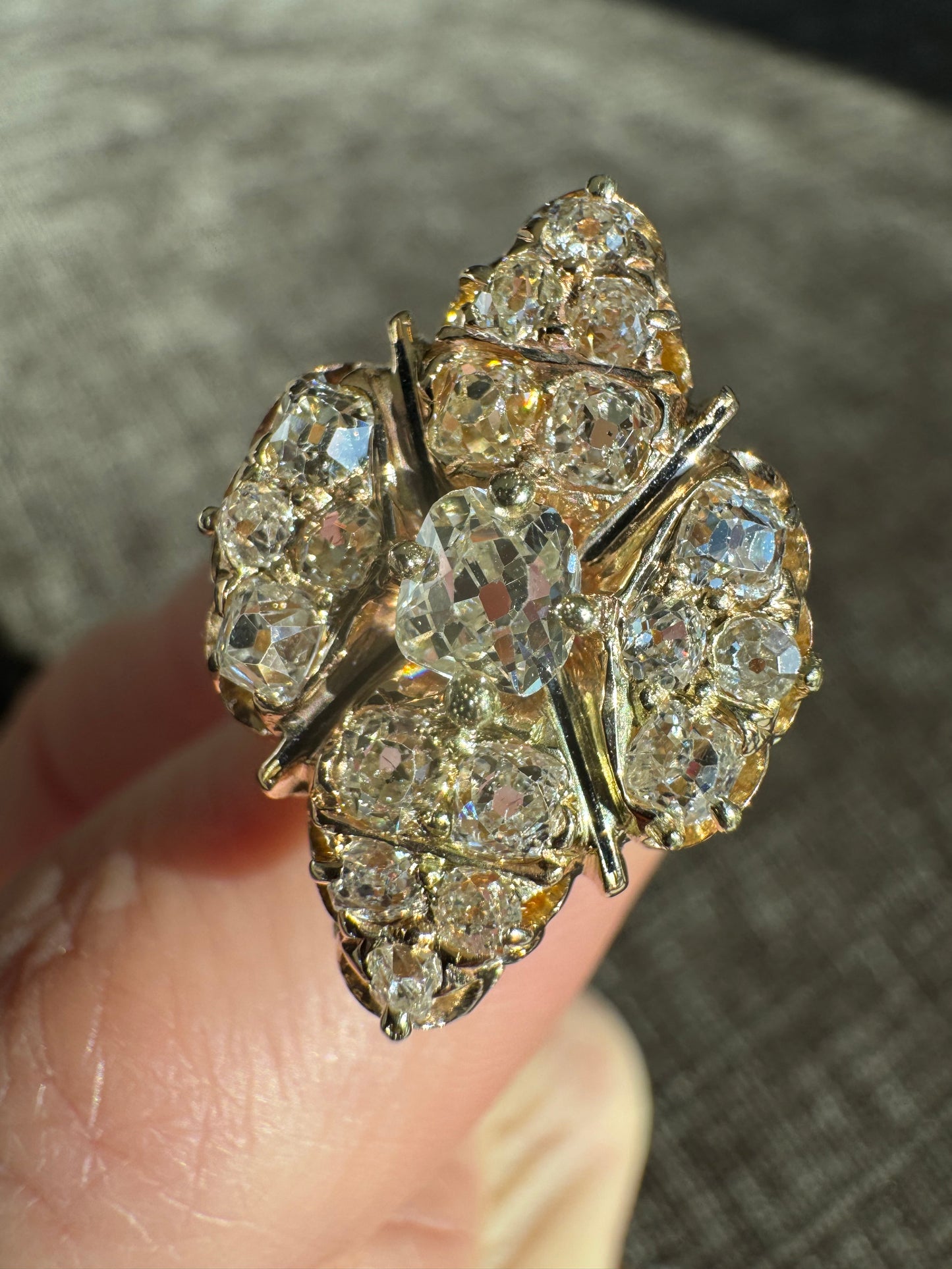 Antique Victorian 18K Gold Old Mine Cut Diamond Cluster Ring, Hand Engraved Estate Jewelry