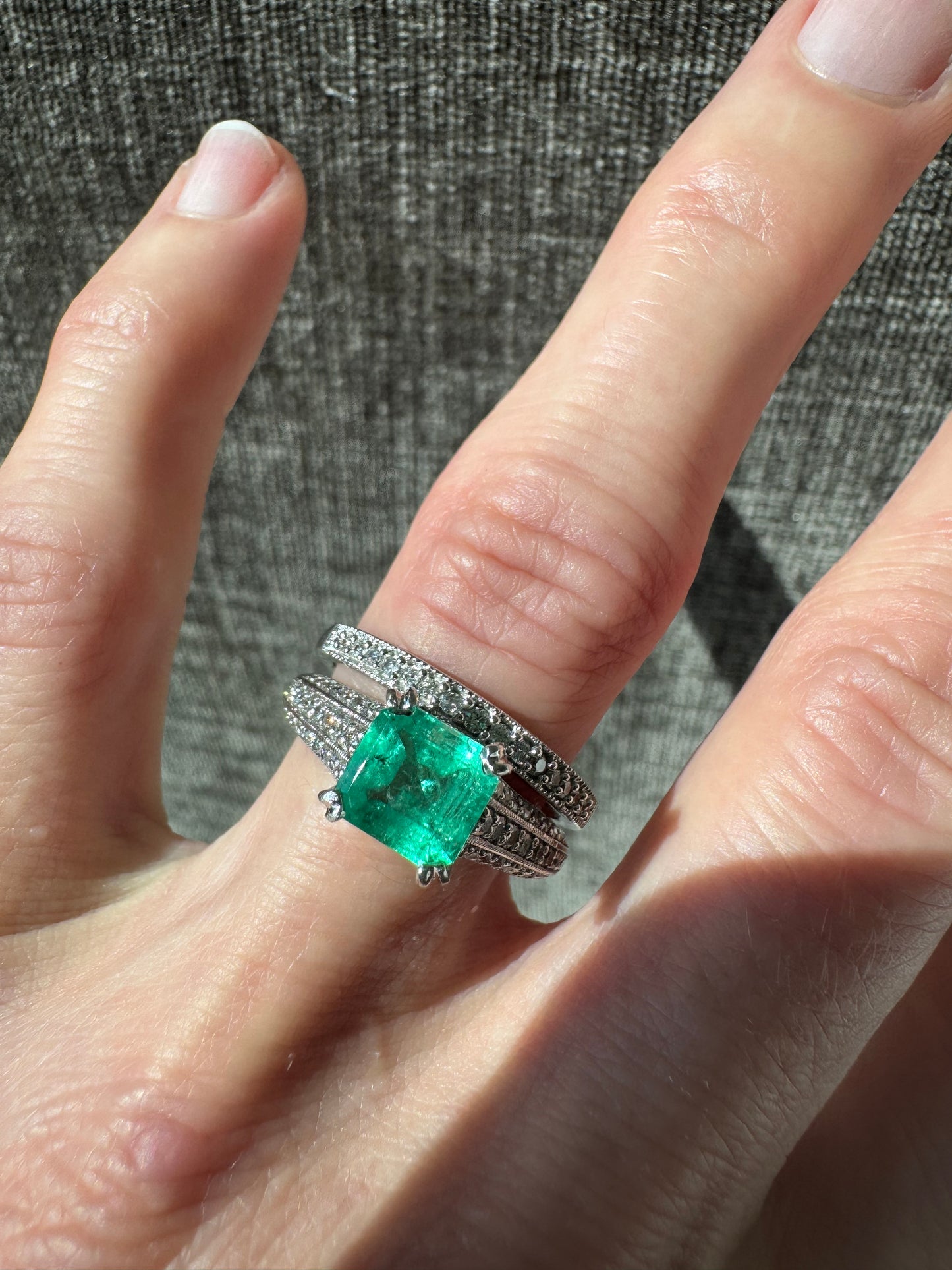 Estate Platinum Natural Columbian Emerald & Diamond Ring with Band