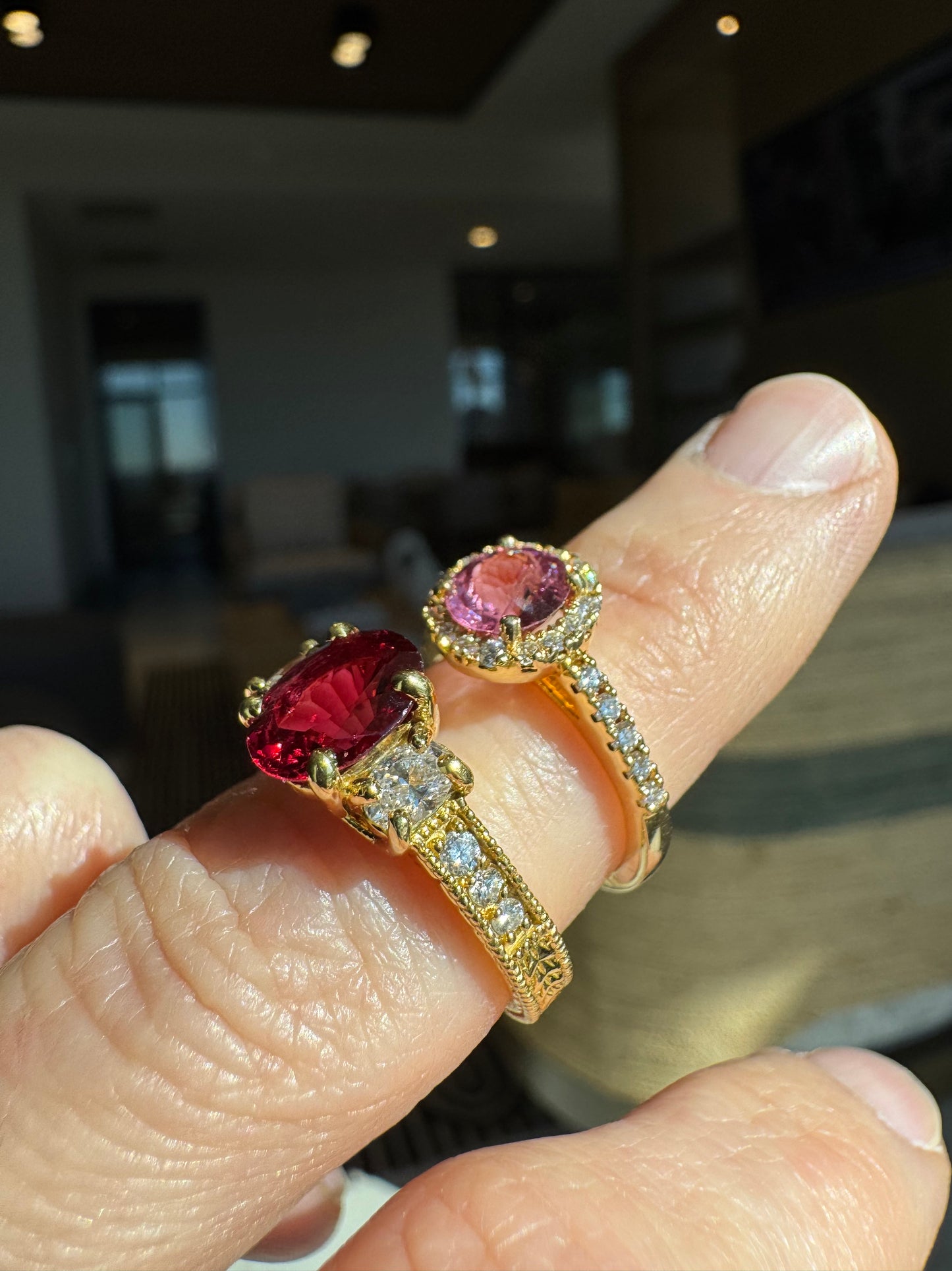 Vintage Style 18k Yellow Gold Natural Red & Pink Spinel Diamond Ring Bundle (2 Rings)
