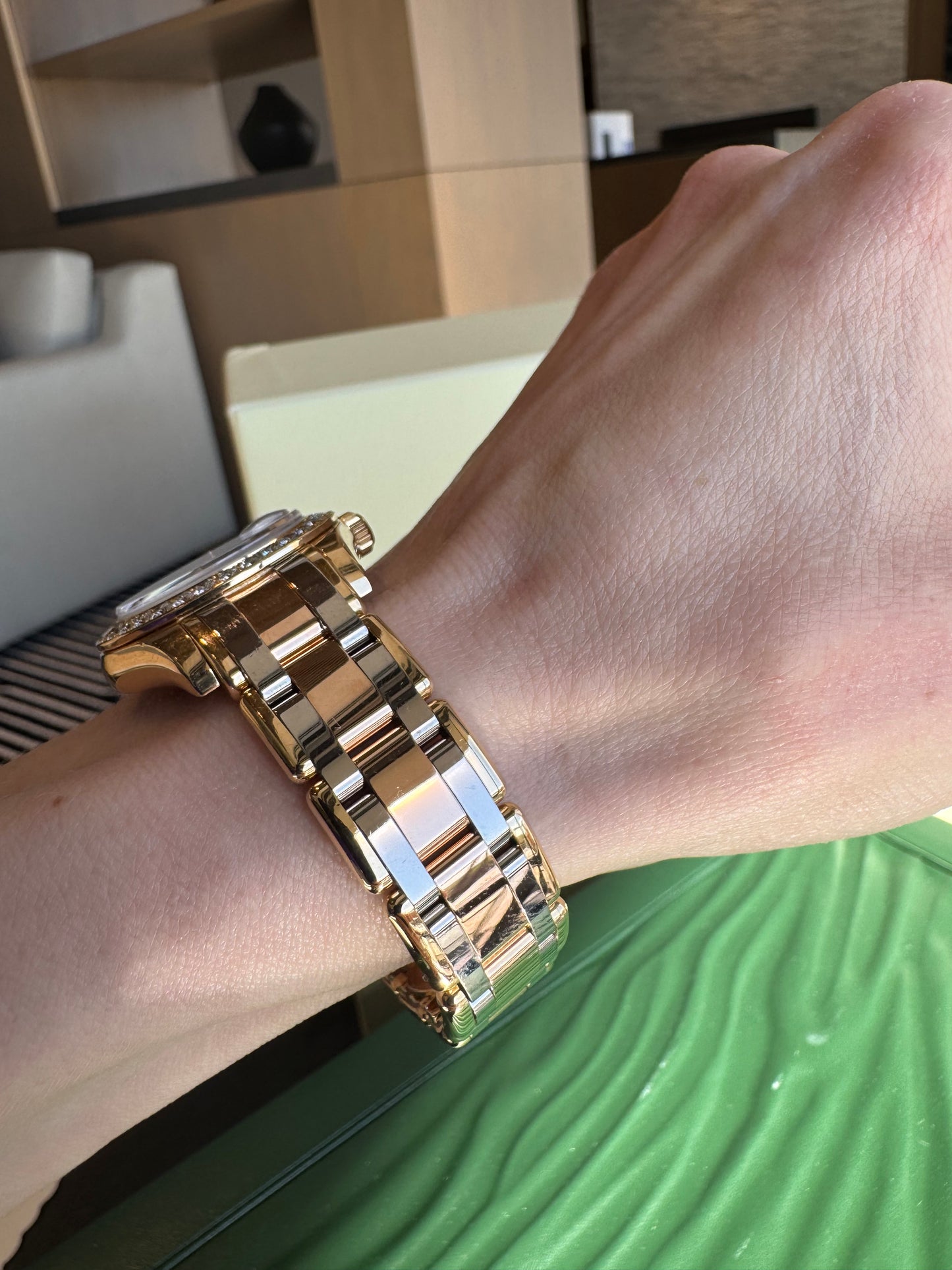 Rolex Pearlmaster Masterpiece 29mm Tridor Gold Diamond Watch | Ref 80298 | Steel Diamond Dial | 32 Diamond Bezel | Luxury Rolex Ladies Watch