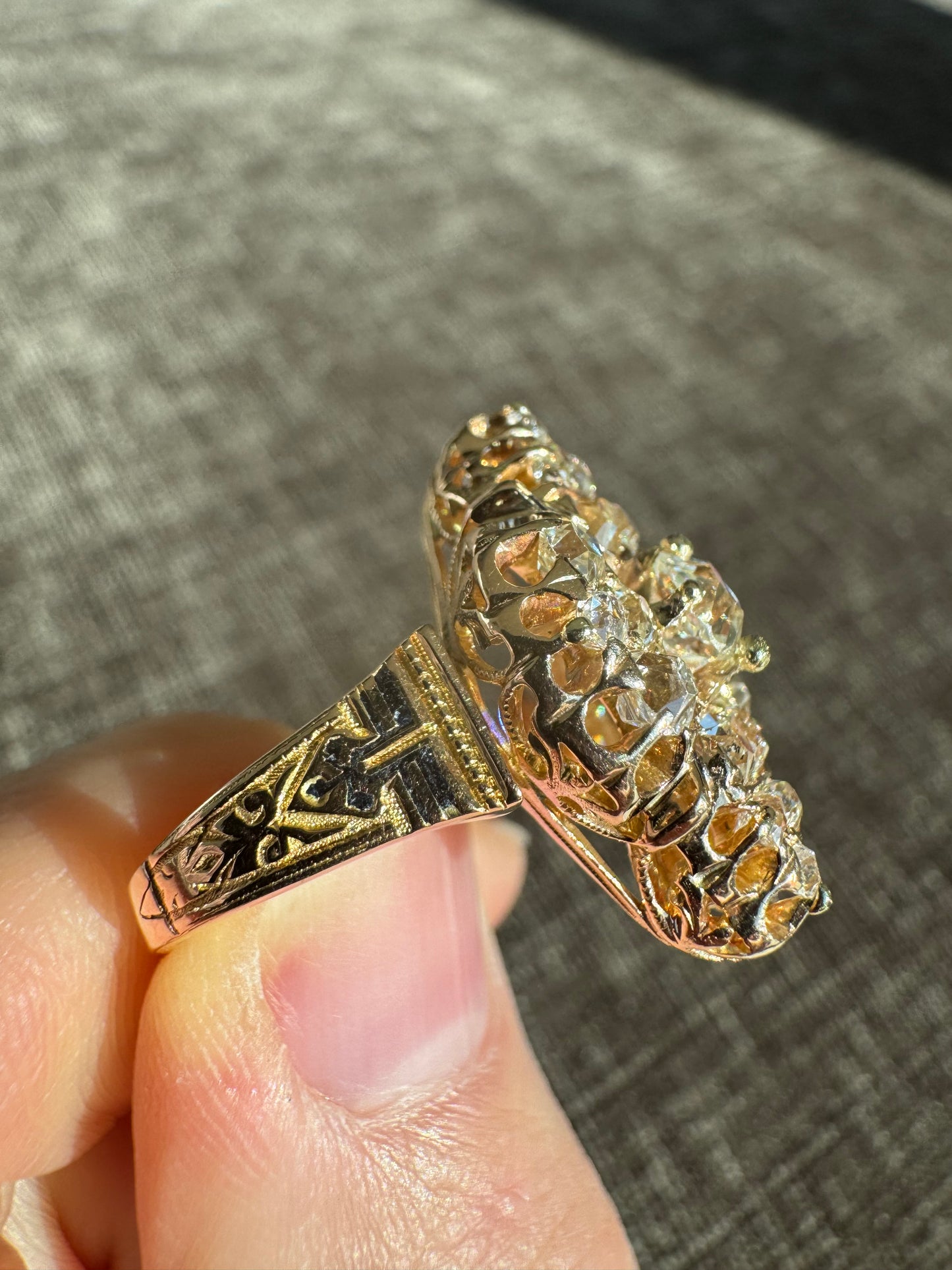 Antique Victorian 18K Gold Old Mine Cut Diamond Cluster Ring, Hand Engraved Estate Jewelry