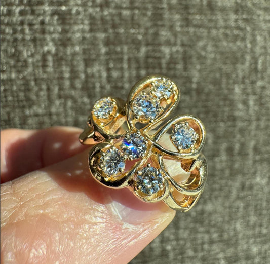 Vintage 14k Yellow Gold Natural Diamond Cluster Ring | Floral Freeform Design | Estate Jewelry