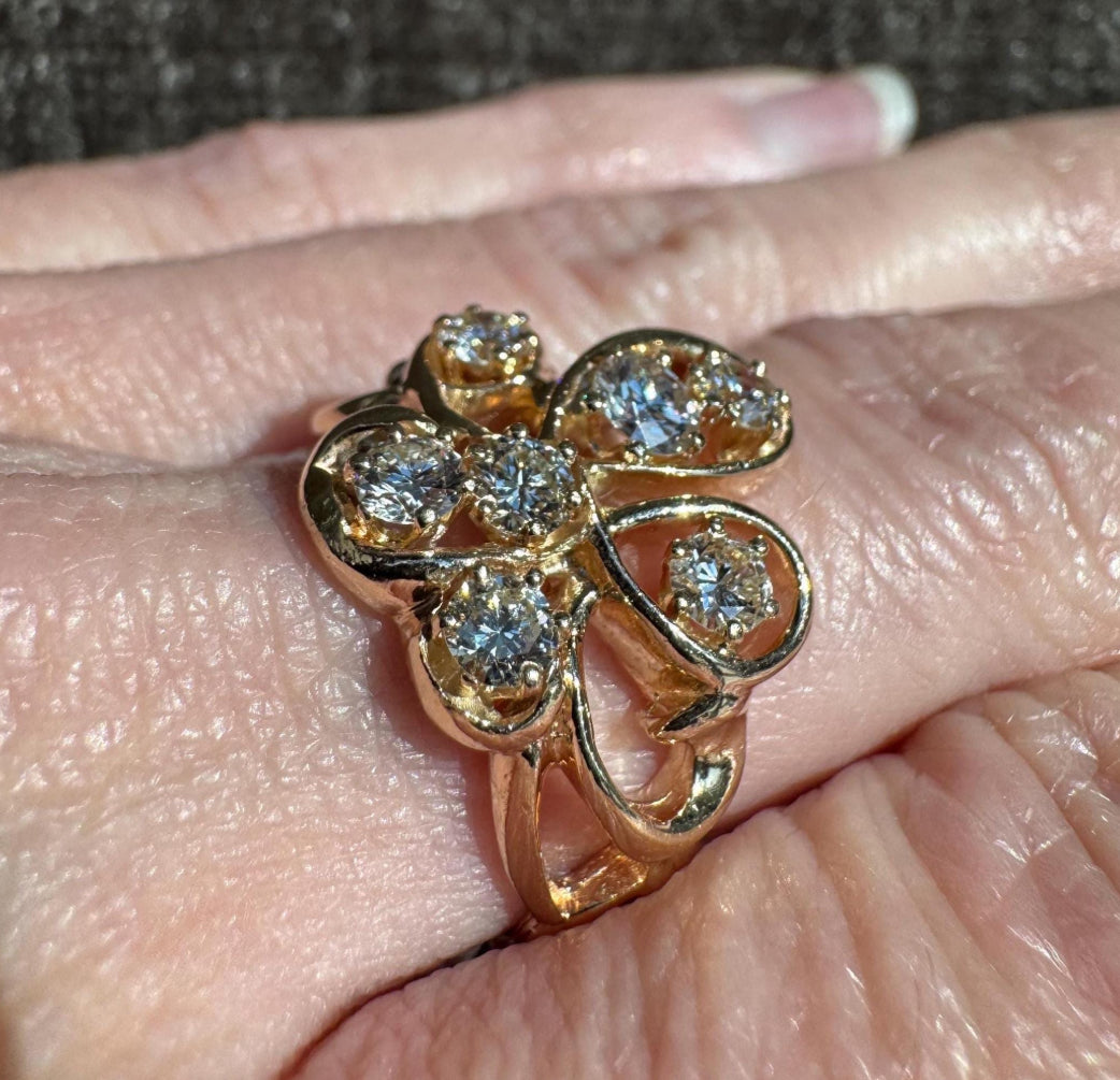 Vintage 14k Yellow Gold Natural Diamond Cluster Ring | Floral Freeform Design | Estate Jewelry