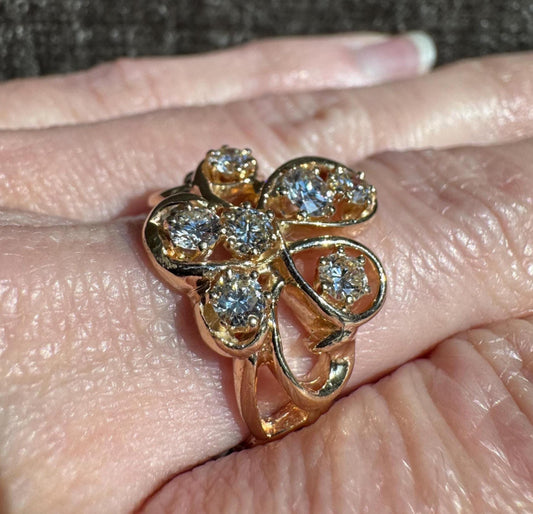 Vintage 14k Yellow Gold Natural Diamond Cluster Ring | Floral Freeform Design | Estate Jewelry