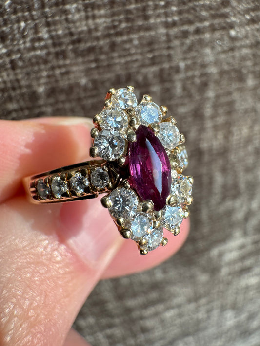 Vintage 14k Yellow Gold Natural Ruby & Diamond Cluster Ring - Size 6