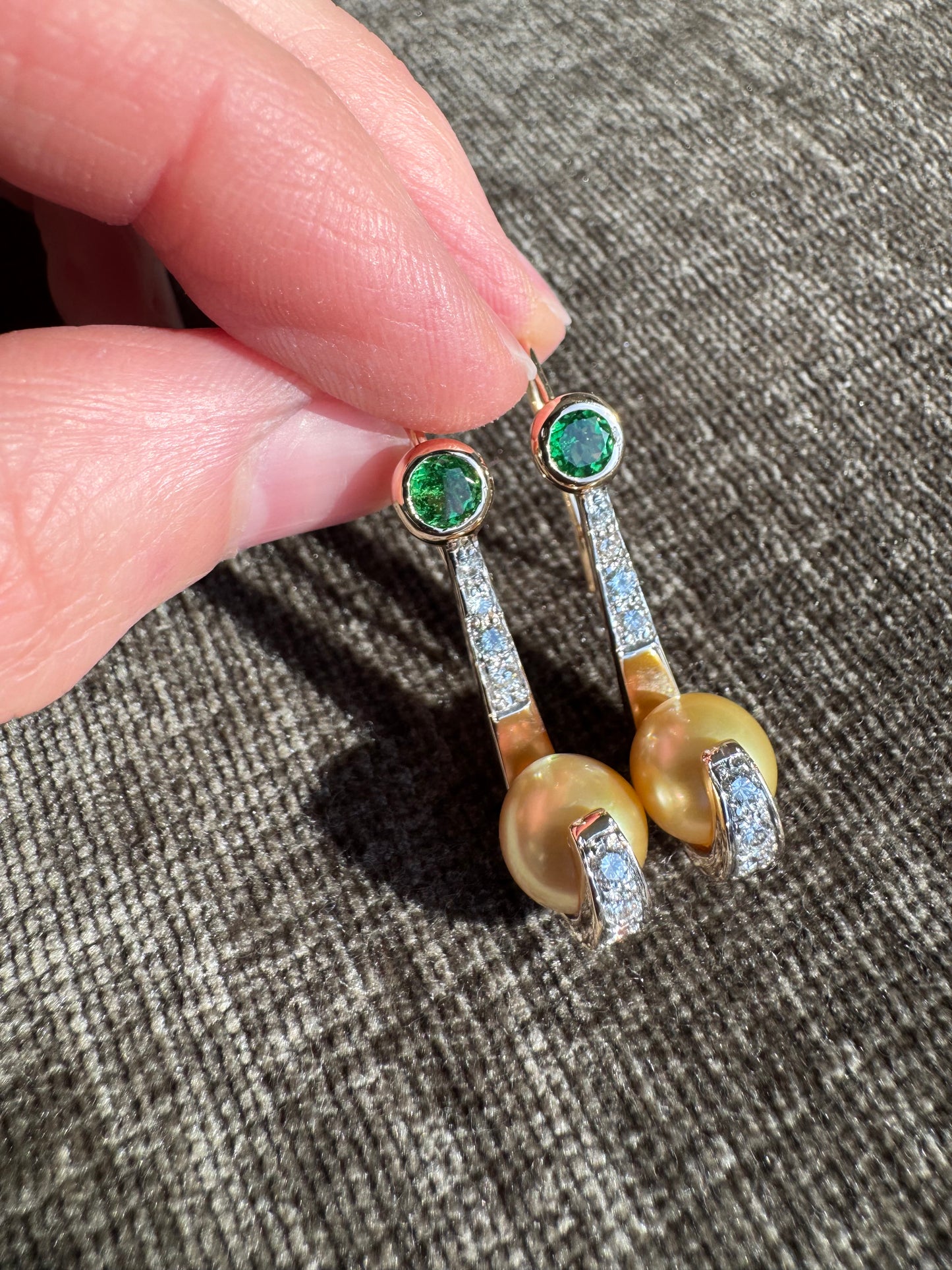 14K Sold Yellow Gold Earrings 9mm Golden Pearls with Diamonds and Tsavorite