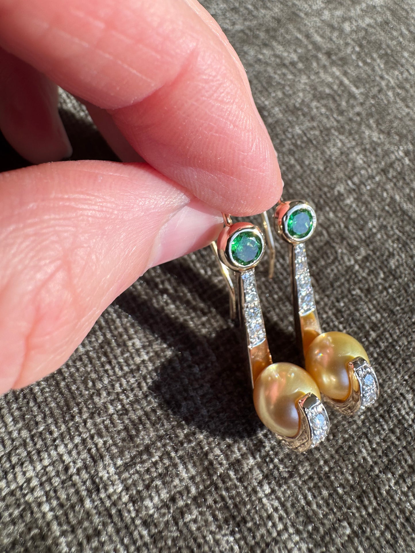 14K Sold Yellow Gold Earrings 9mm Golden Pearls with Diamonds and Tsavorite