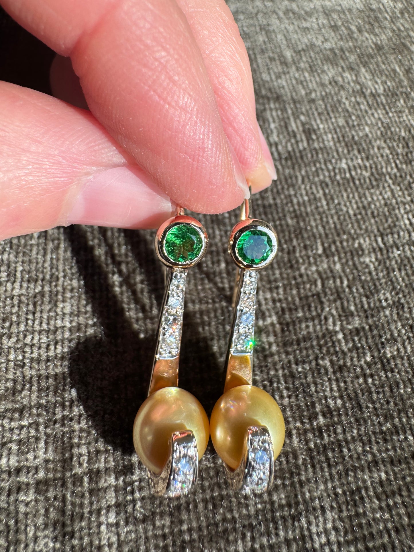 14K Sold Yellow Gold Earrings 9mm Golden Pearls with Diamonds and Tsavorite
