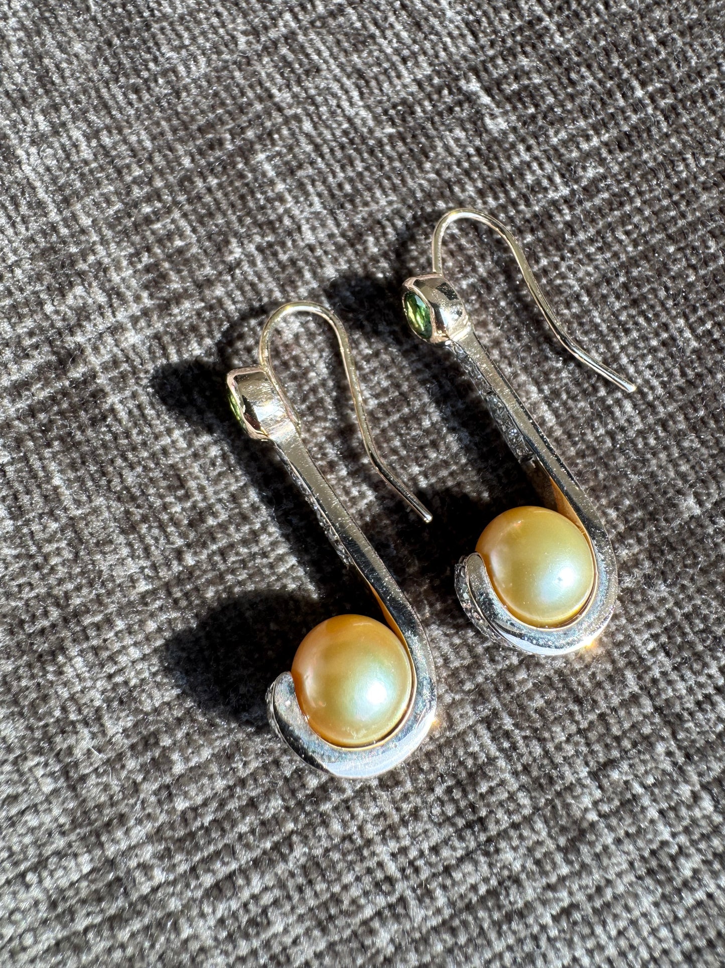 14K Sold Yellow Gold Earrings 9mm Golden Pearls with Diamonds and Tsavorite