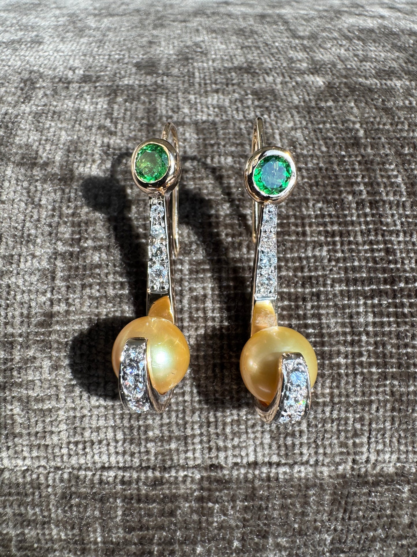 14K Sold Yellow Gold Earrings 9mm Golden Pearls with Diamonds and Tsavorite