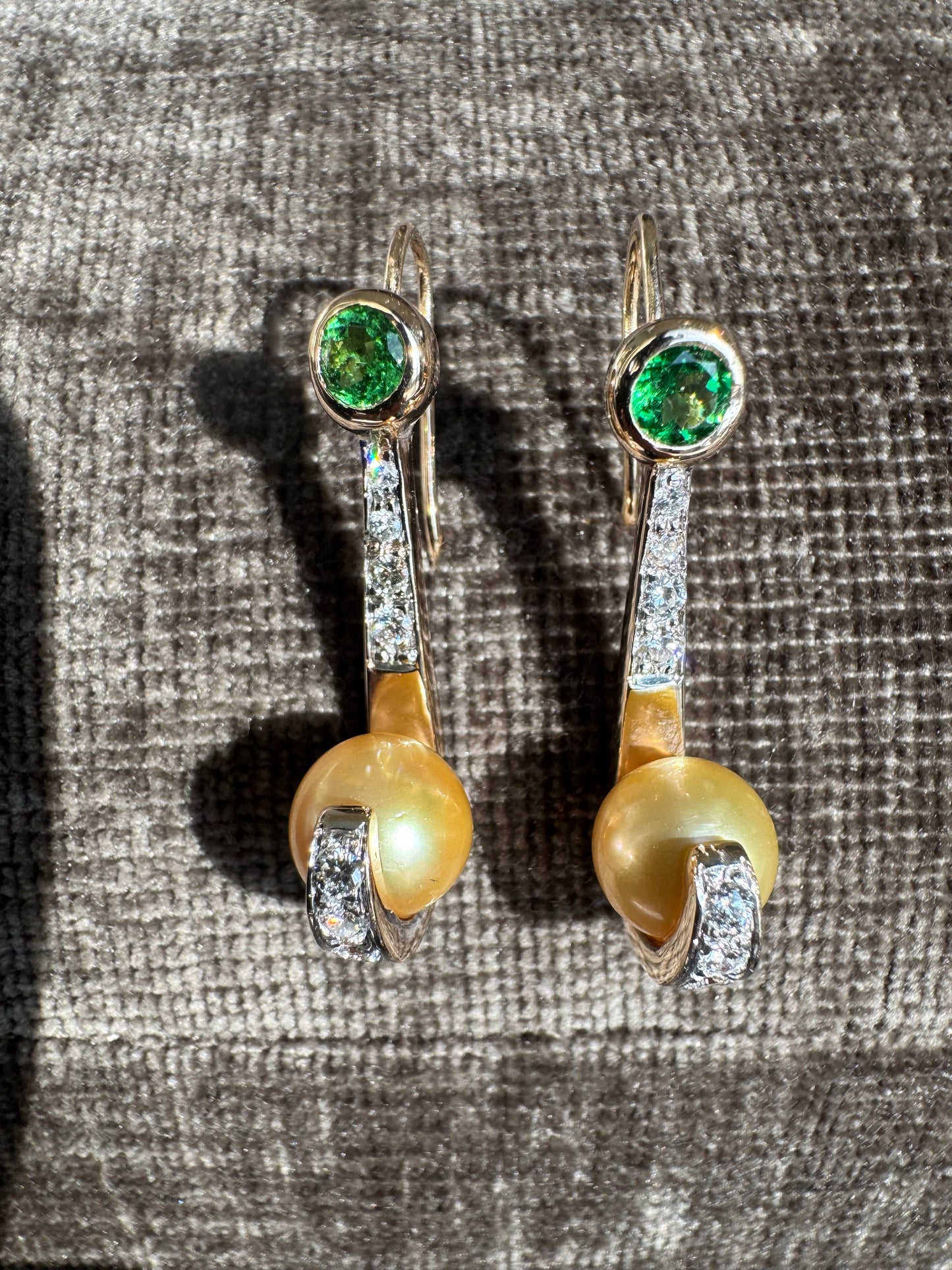14K Sold Yellow Gold Earrings 9mm Golden Pearls with Diamonds and Tsavorite