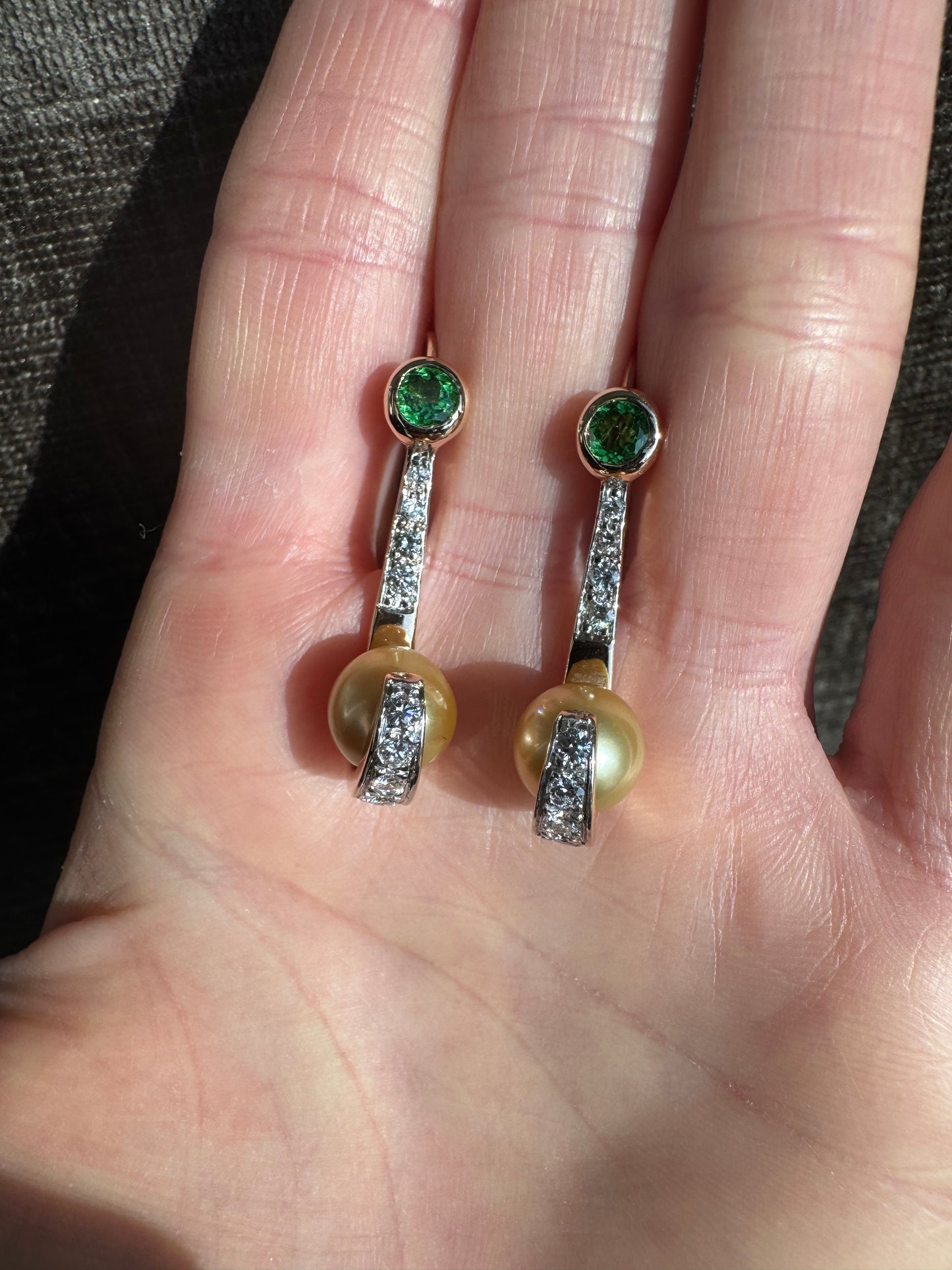 14K Sold Yellow Gold Earrings 9mm Golden Pearls with Diamonds and Tsavorite
