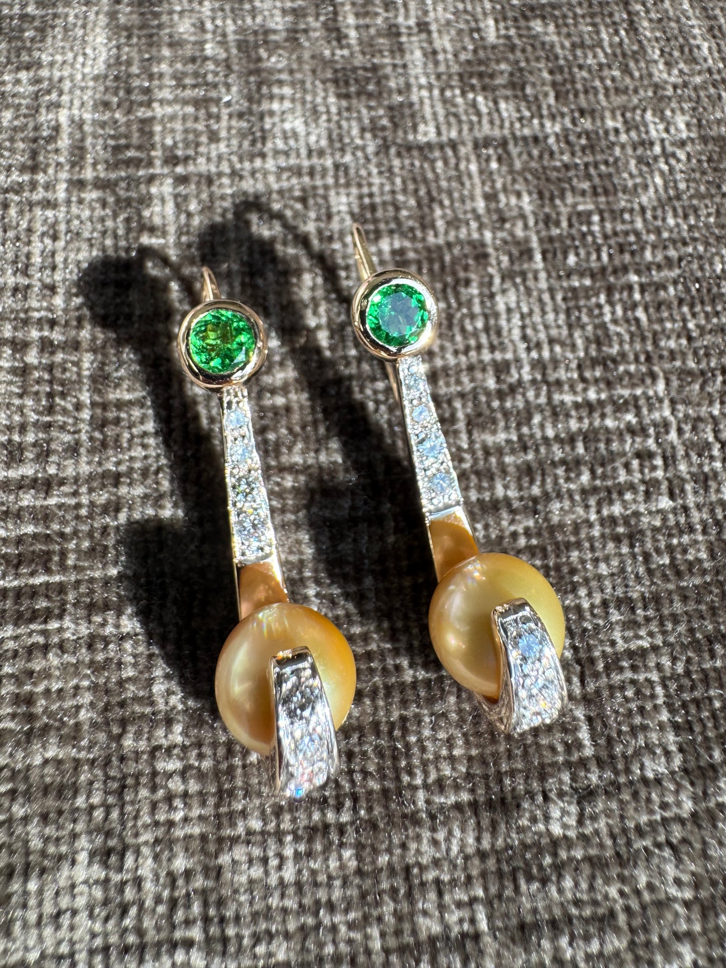 14K Sold Yellow Gold Earrings 9mm Golden Pearls with Diamonds and Tsavorite