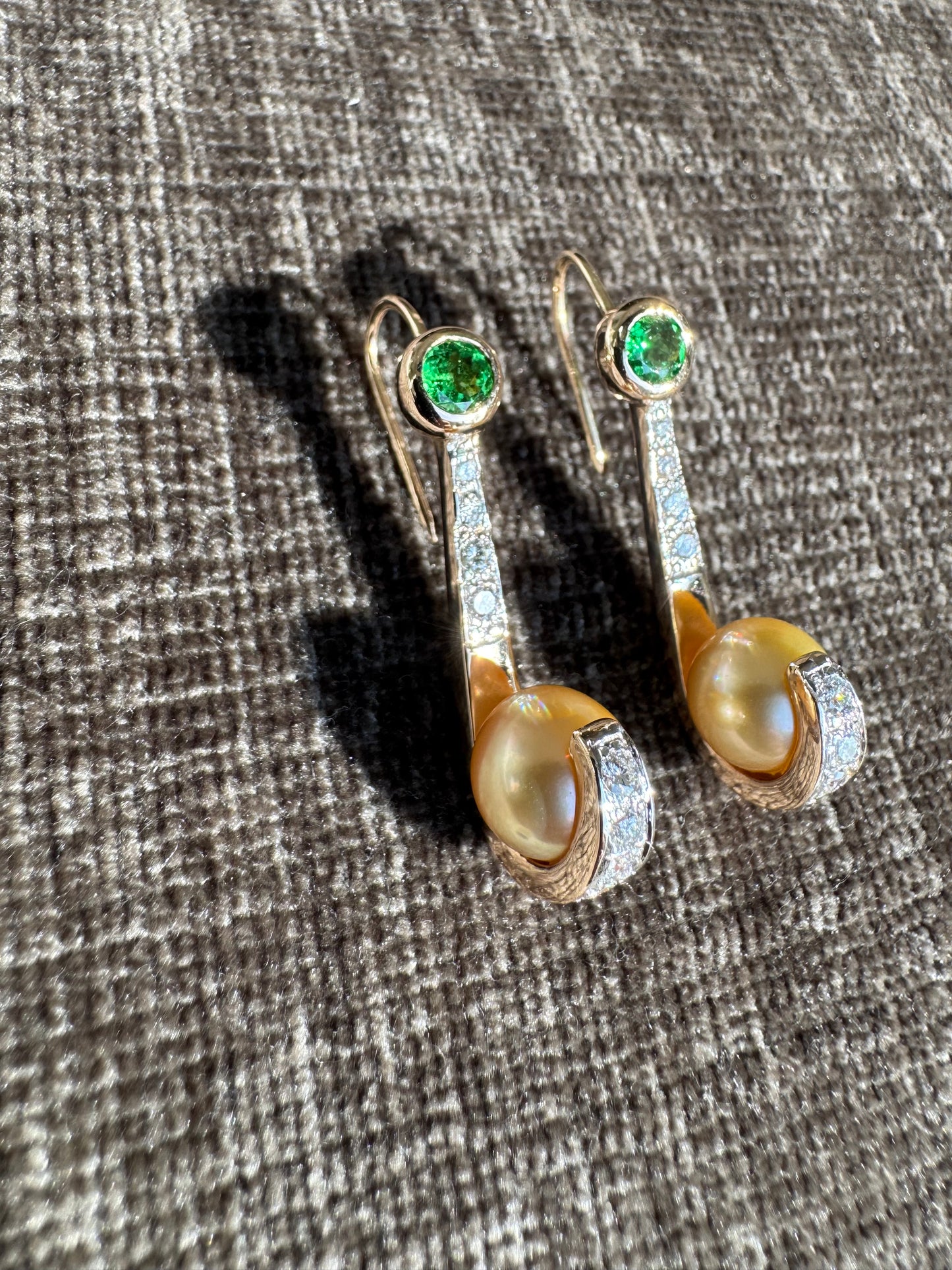 14K Sold Yellow Gold Earrings 9mm Golden Pearls with Diamonds and Tsavorite