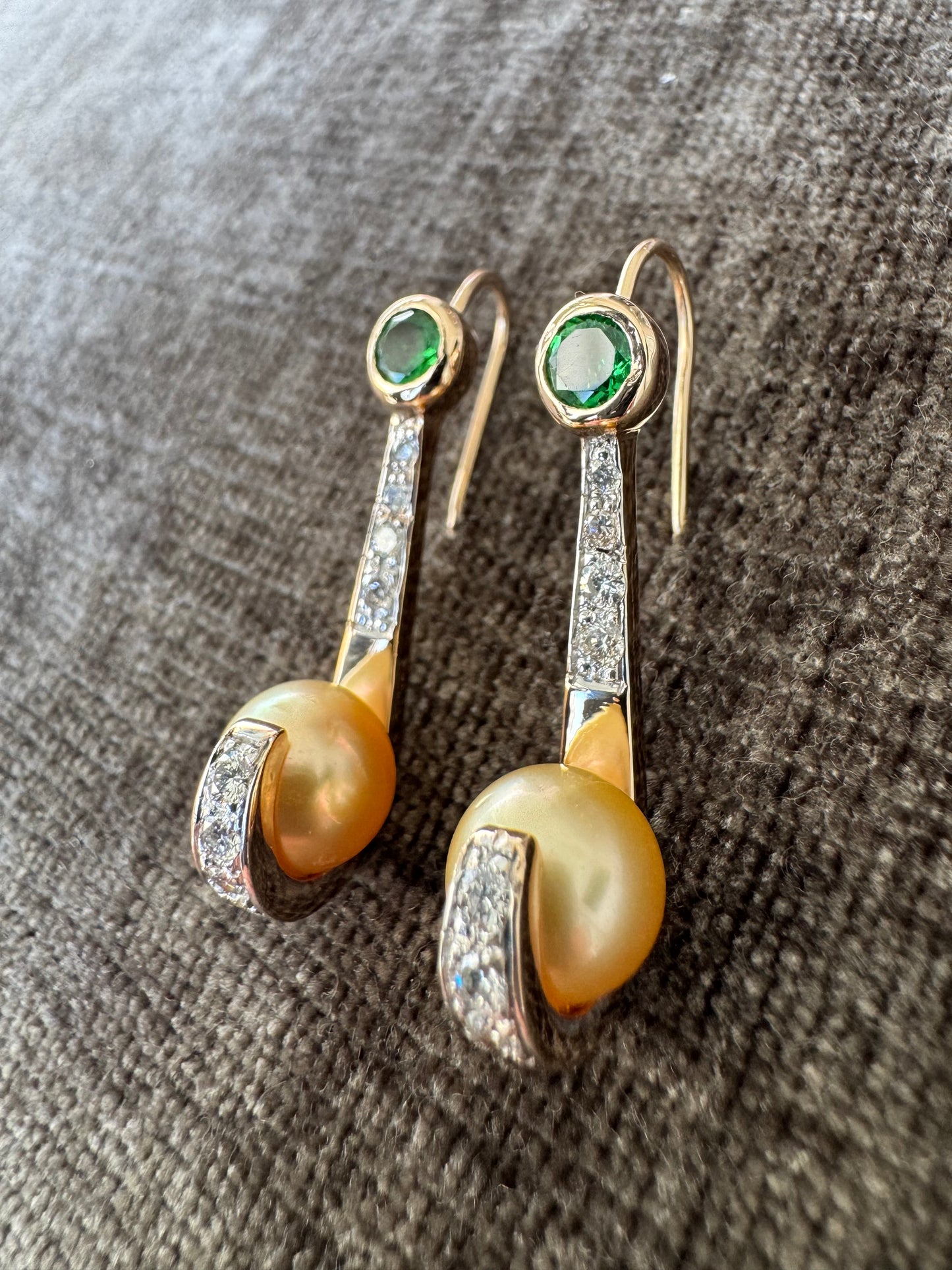14K Sold Yellow Gold Earrings 9mm Golden Pearls with Diamonds and Tsavorite