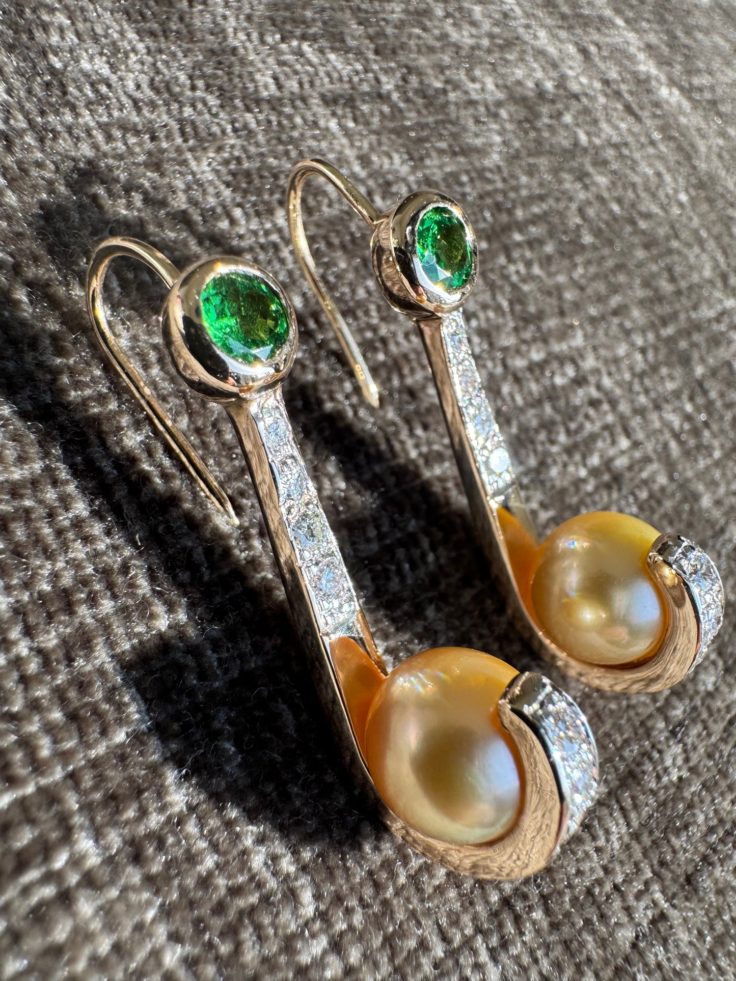 14K Sold Yellow Gold Earrings 9mm Golden Pearls with Diamonds and Tsavorite