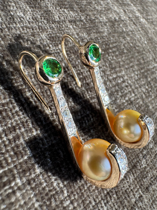 14K Sold Yellow Gold Earrings 9mm Golden Pearls with Diamonds and Tsavorite