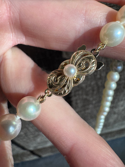 Mikimoto 18k Yellow Gold Clasp 31" 7mm to 7.5mm Akoya Pearl Strand Necklace 54g