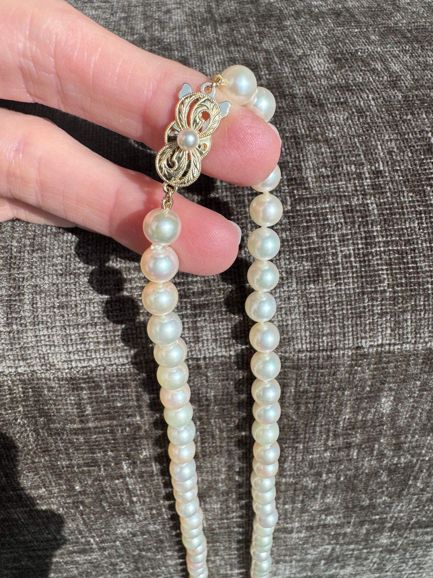 Mikimoto 18k Yellow Gold Clasp 31" 7mm to 7.5mm Akoya Pearl Strand Necklace 54g