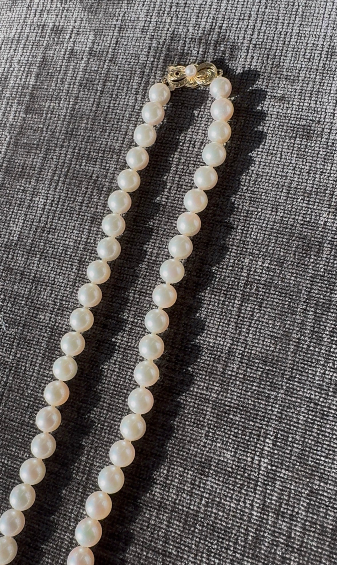 Mikimoto 18k Yellow Gold Clasp 31" 7mm to 7.5mm Akoya Pearl Strand Necklace 54g
