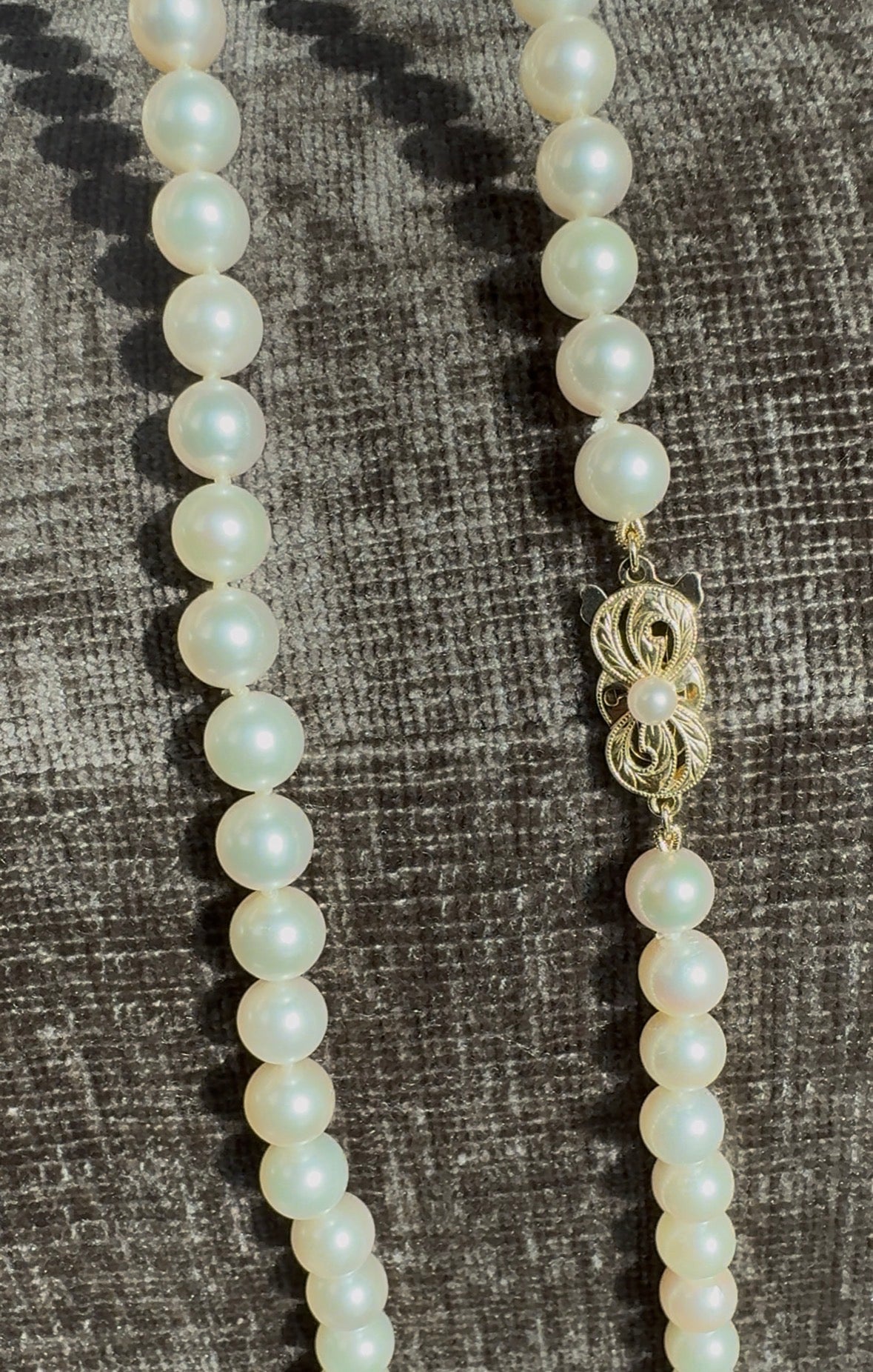 Mikimoto 18k Yellow Gold Clasp 31" 7mm to 7.5mm Akoya Pearl Strand Necklace 54g