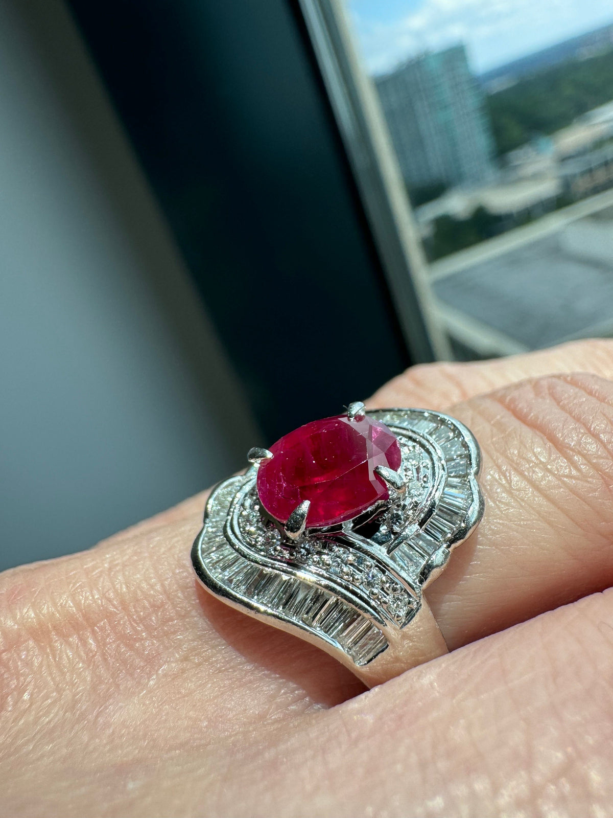 Solid Platinum Ruby and Diamond Ring, Size 6