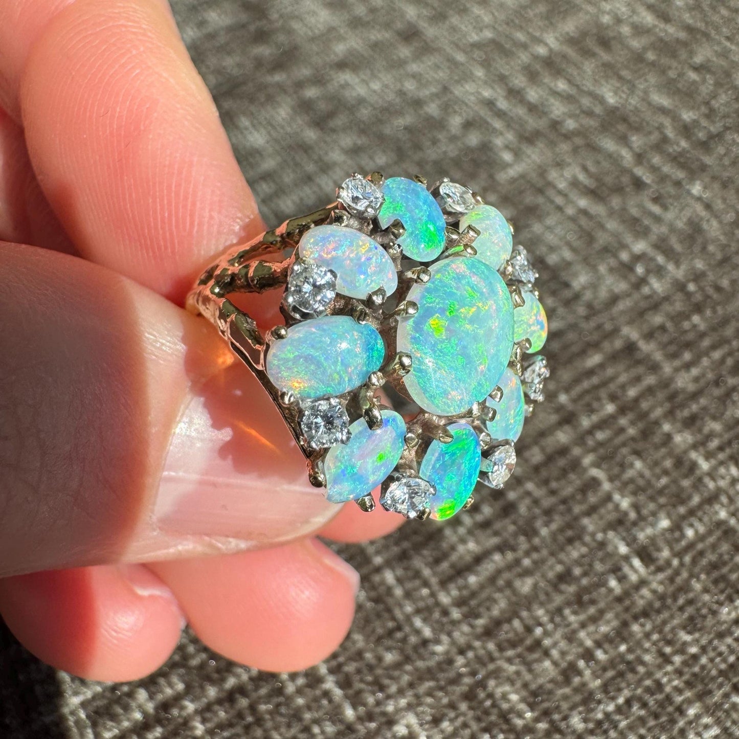 Stunning 14K Solid Yellow Gold Natural Opal and Diamond Ring