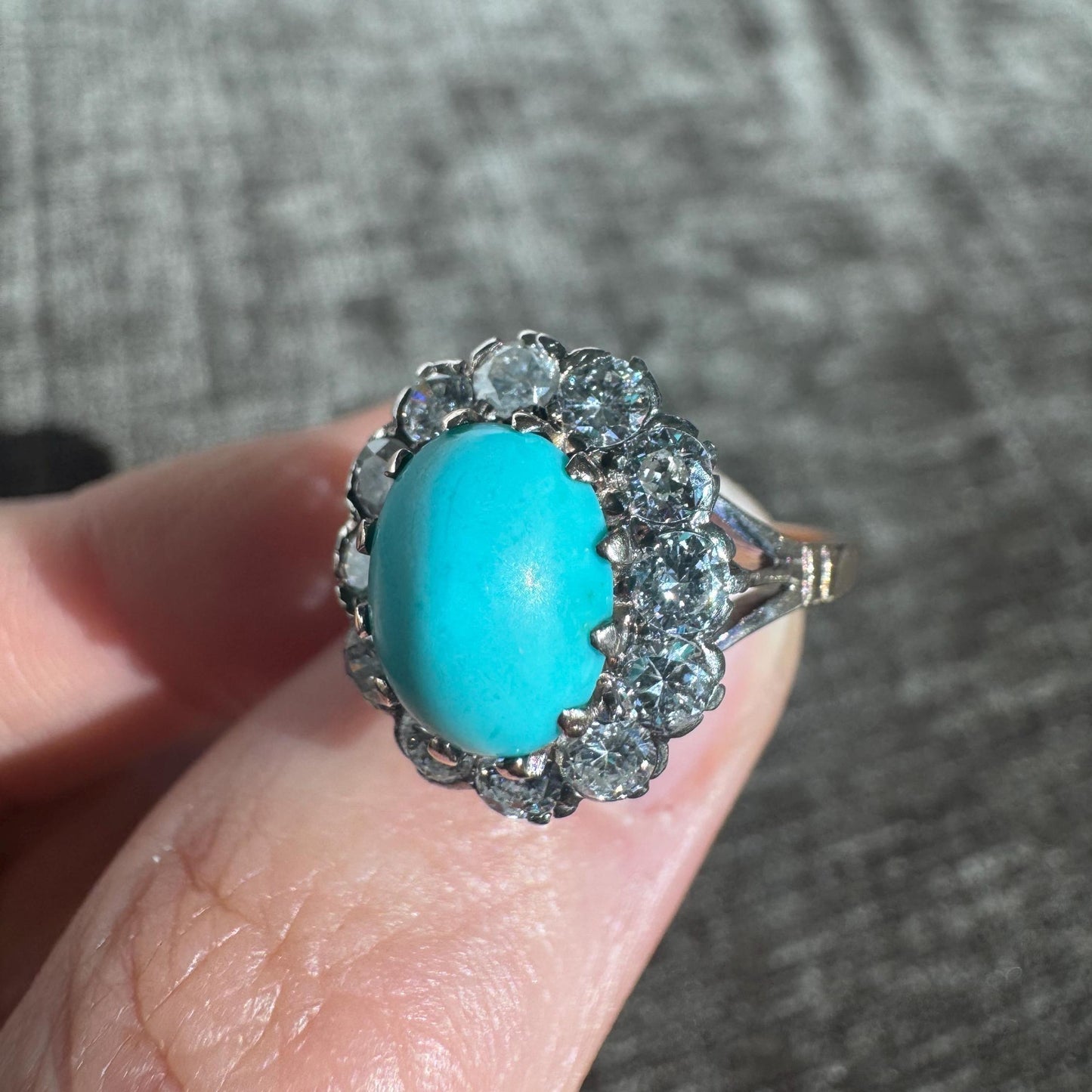 14k Solid Yellow Gold Vintage Oval Robin's Eggs Blue Natural Turquoise and Natural Diamond Halo Ring