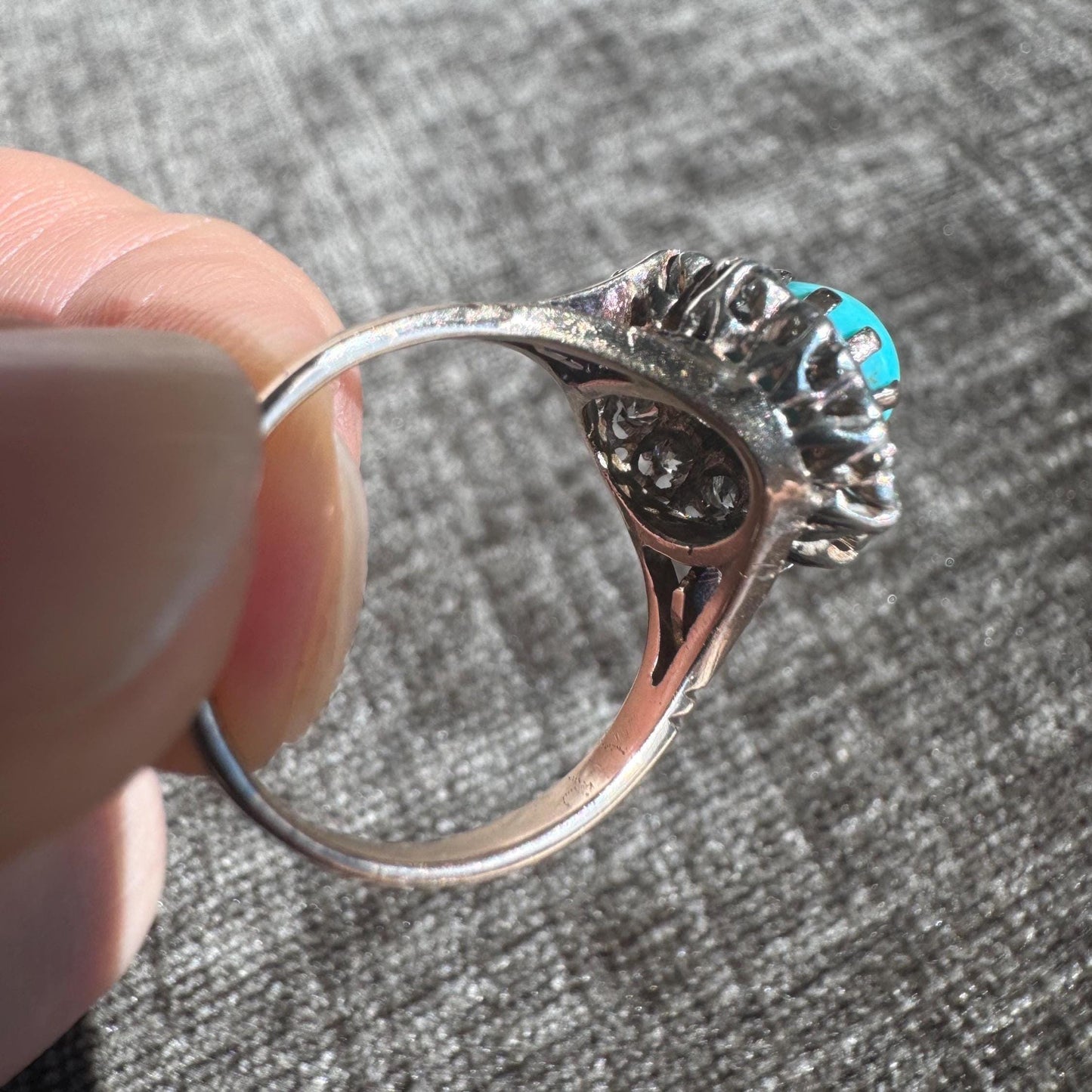 14k Solid Yellow Gold Vintage Oval Robin's Eggs Blue Natural Turquoise and Natural Diamond Halo Ring
