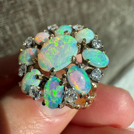 Stunning 14K Solid Yellow Gold Natural Opal and Diamond Ring