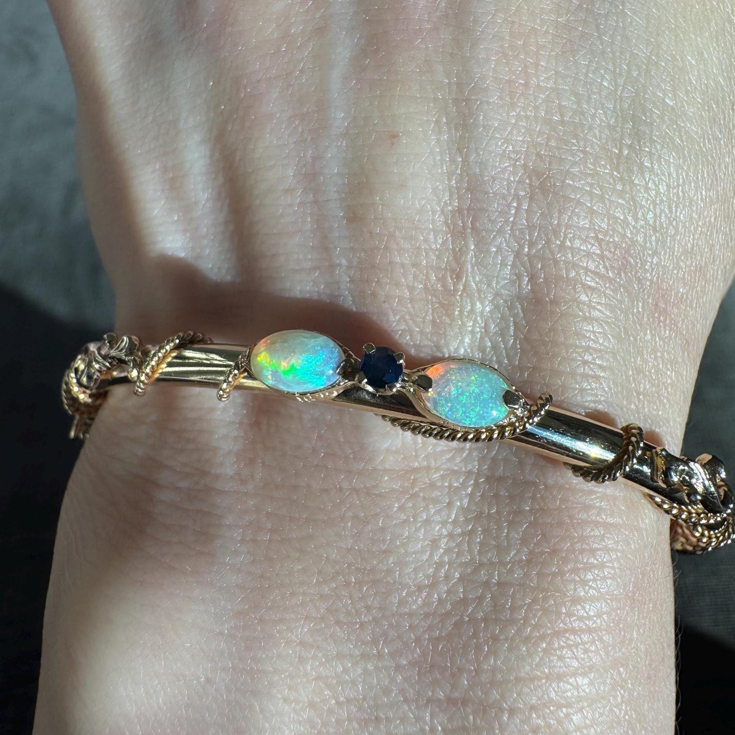 Vintage 14K Solid Yellow Gold Opal & Sapphire Hinged Bangle Bracelet | Estate Midcentury Jewelry