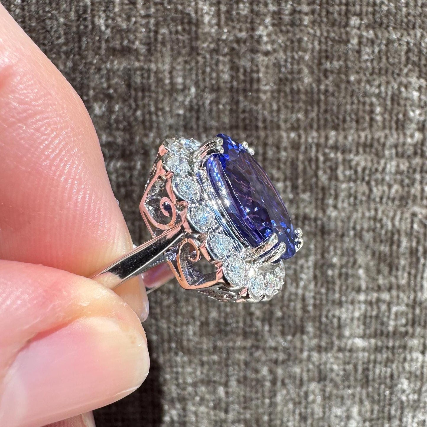 7.21 Carat Natural Untreated Tanzanite & 1 Carat Natural Diamond Ring in 18k Solid White Gold
