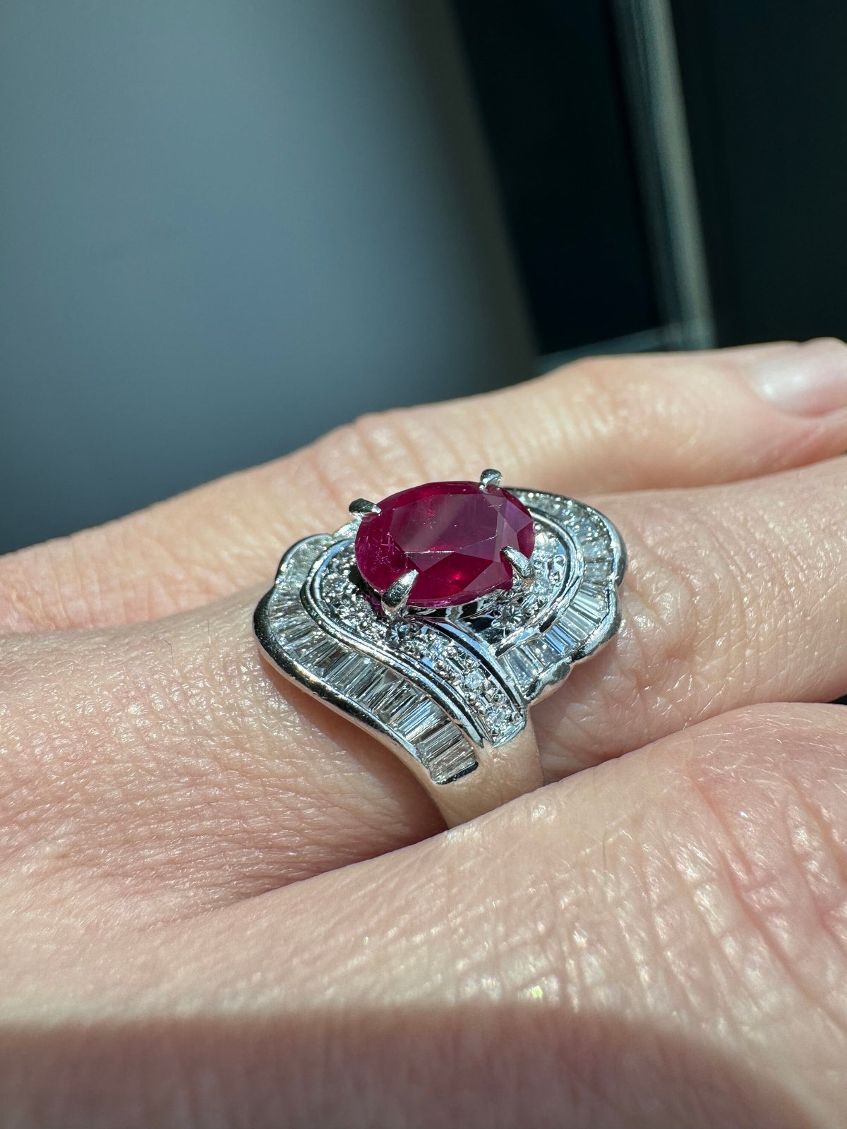 Solid Platinum Ruby and Diamond Ring, Size 6