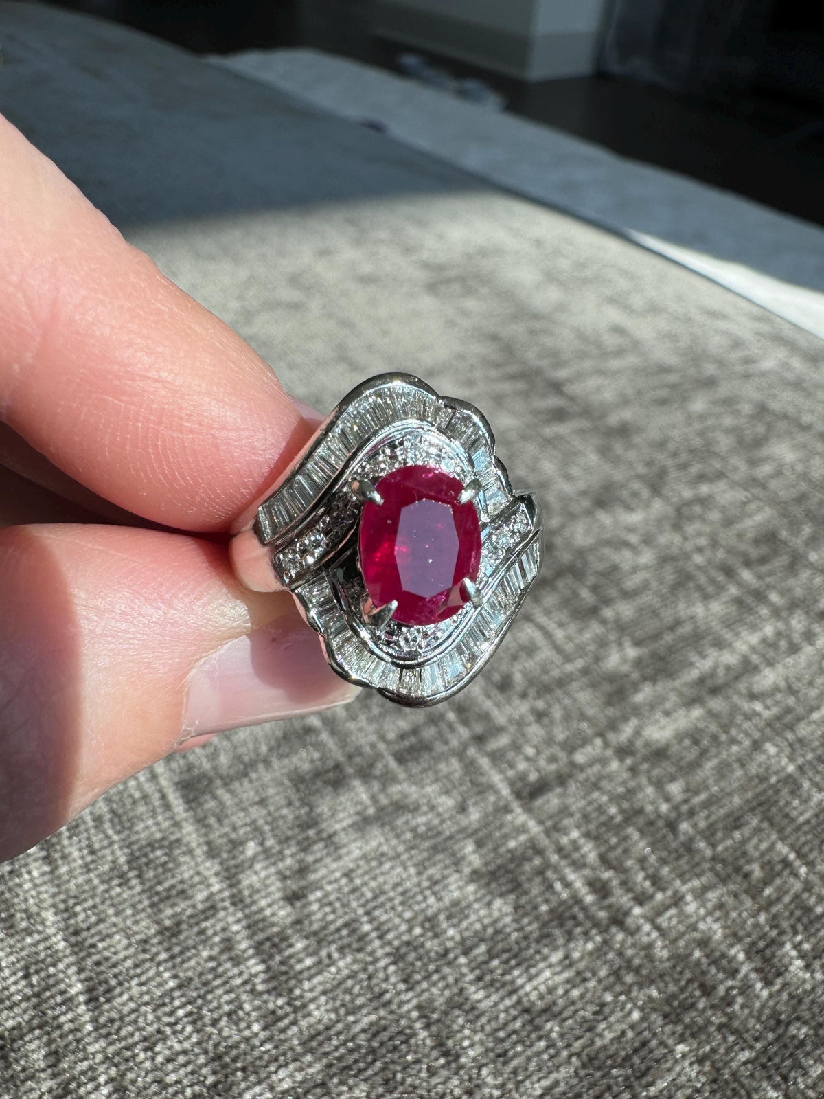 Solid Platinum Ruby and Diamond Ring, Size 6