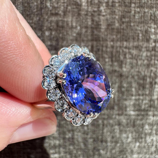 7.21 Carat Natural Untreated Tanzanite & 1 Carat Natural Diamond Ring in 18k Solid White Gold