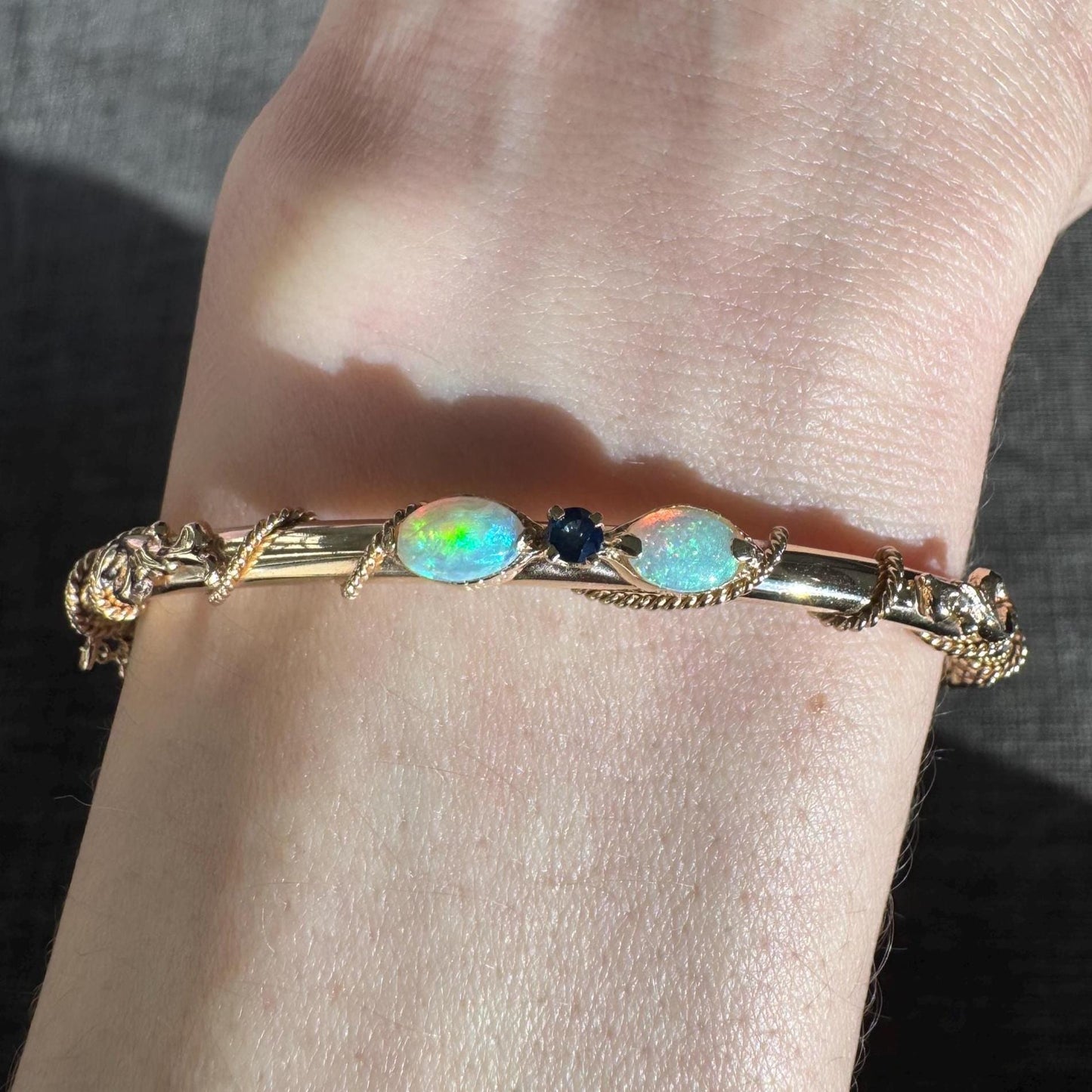 Vintage 14K Solid Yellow Gold Opal & Sapphire Hinged Bangle Bracelet | Estate Midcentury Jewelry