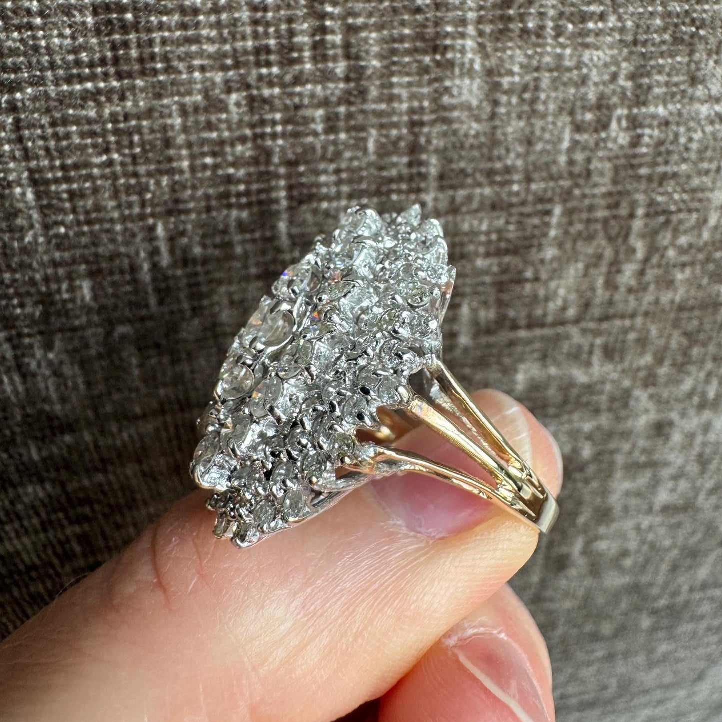 Vintage 14k Solid Yellow & White Gold 2.5 Carat Diamond Statement Cluster Ring