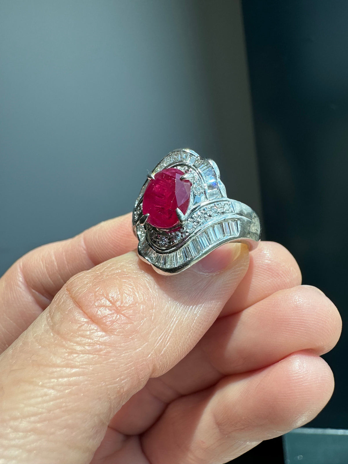 Solid Platinum Ruby and Diamond Ring, Size 6
