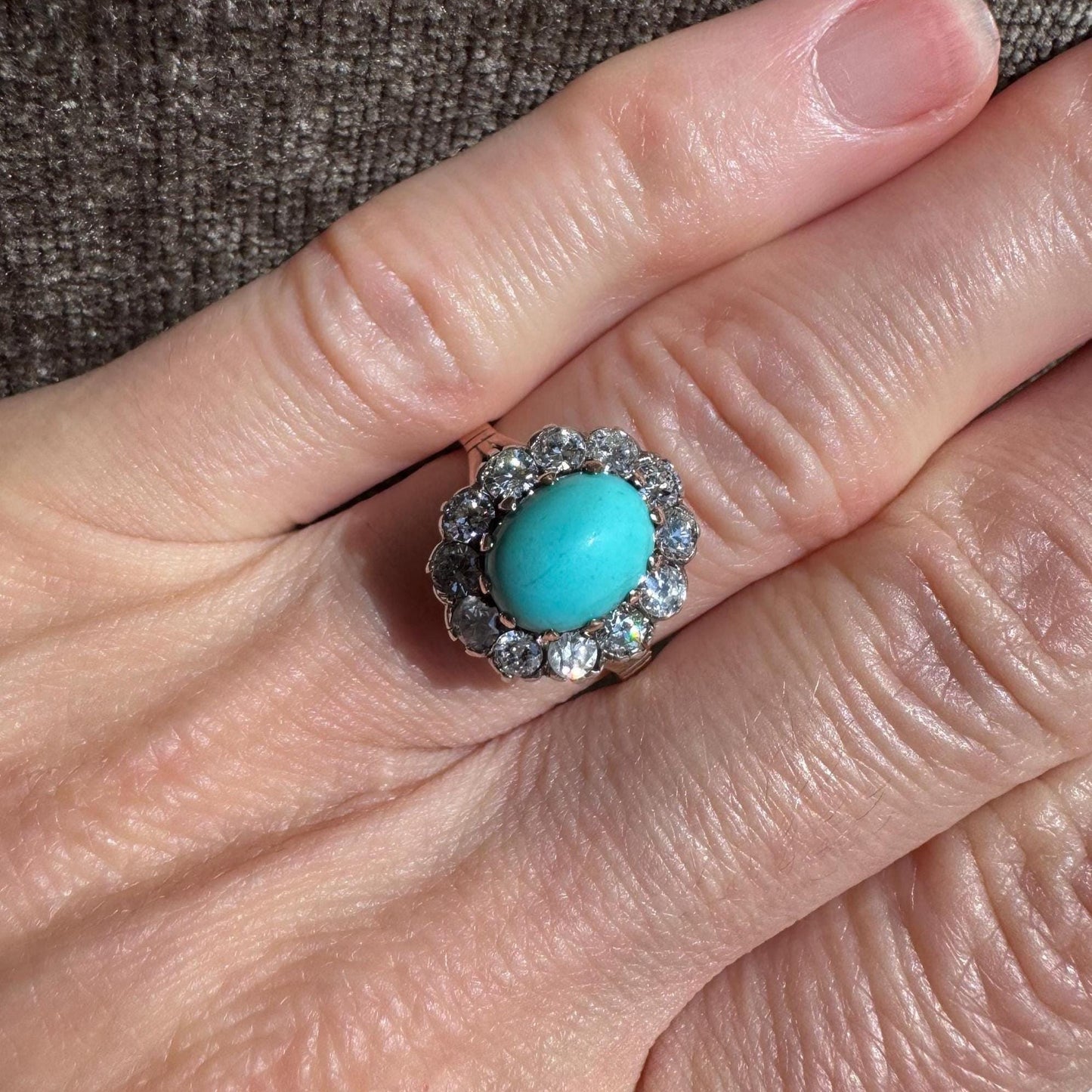 14k Solid Yellow Gold Vintage Oval Robin's Eggs Blue Natural Turquoise and Natural Diamond Halo Ring