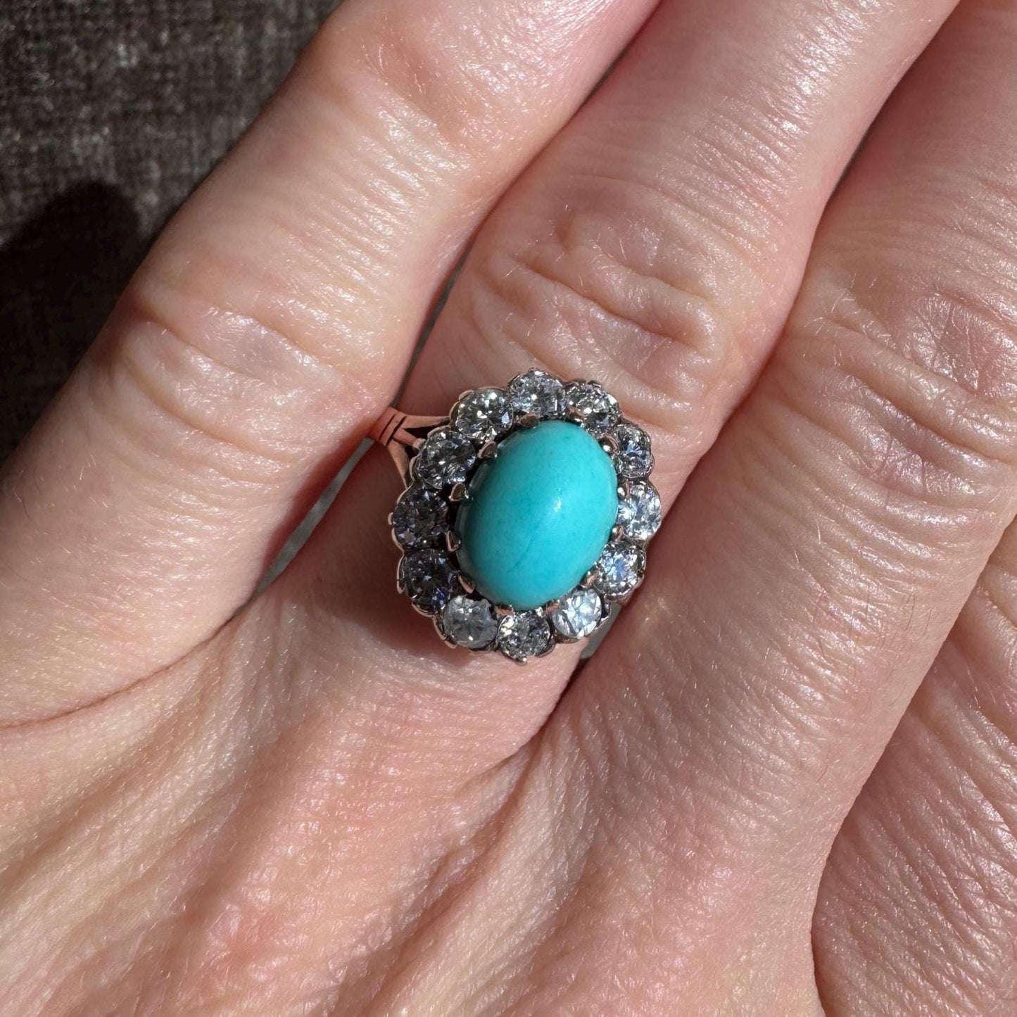 14k Solid Yellow Gold Vintage Oval Robin's Eggs Blue Natural Turquoise and Natural Diamond Halo Ring