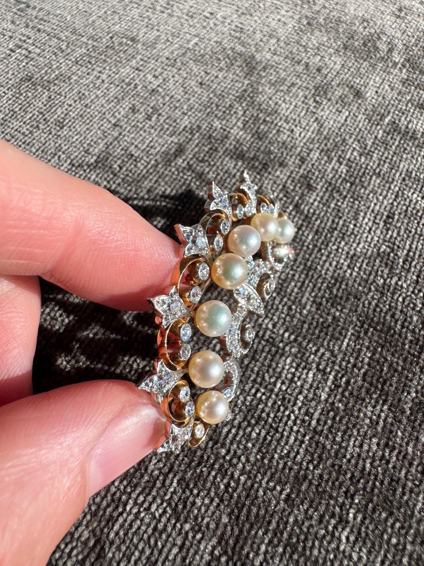 Vintage 14k Solid Yellow Gold and Platinum Natural Pearl & Diamond Brooch