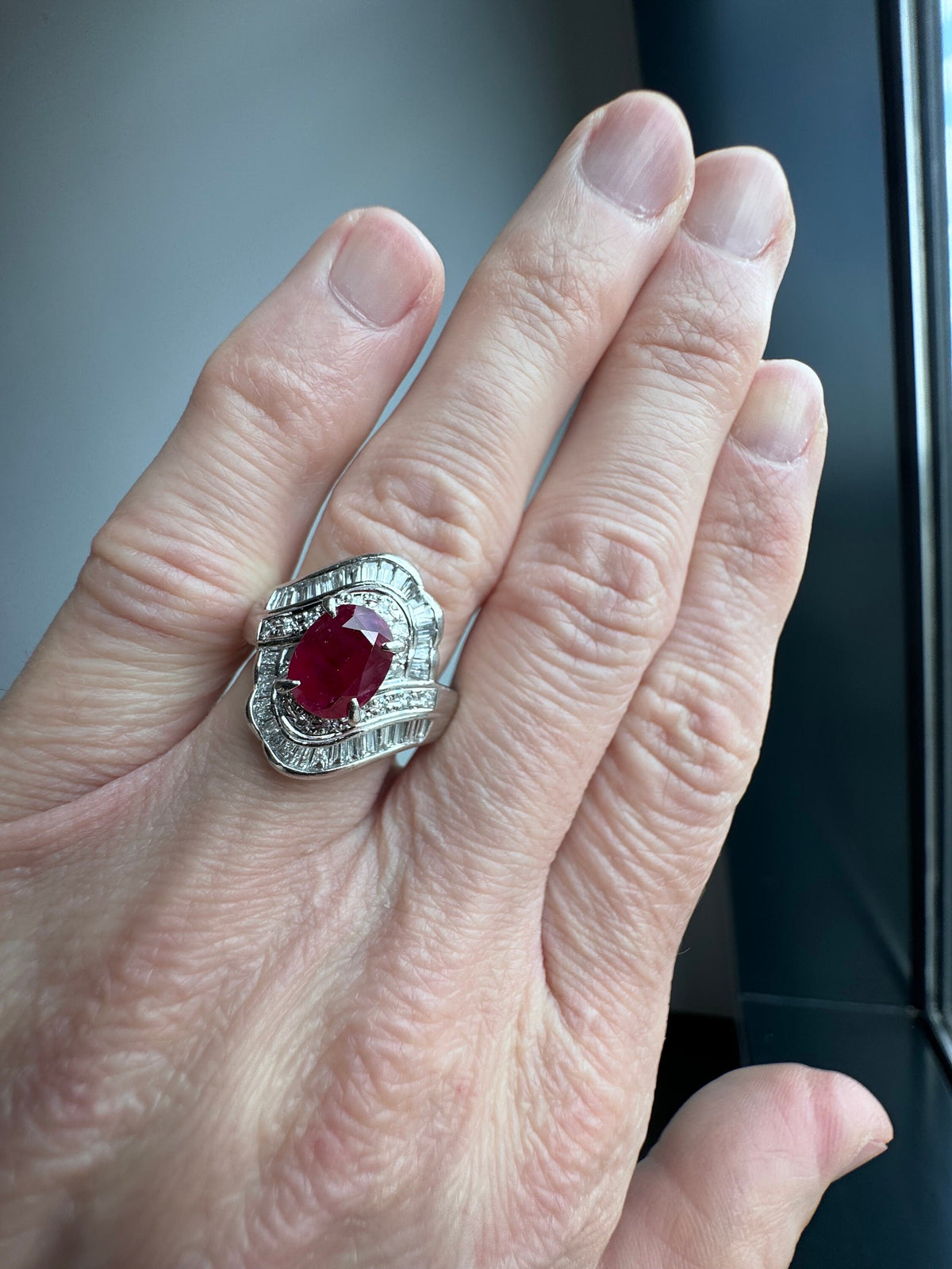 Solid Platinum Ruby and Diamond Ring, Size 6