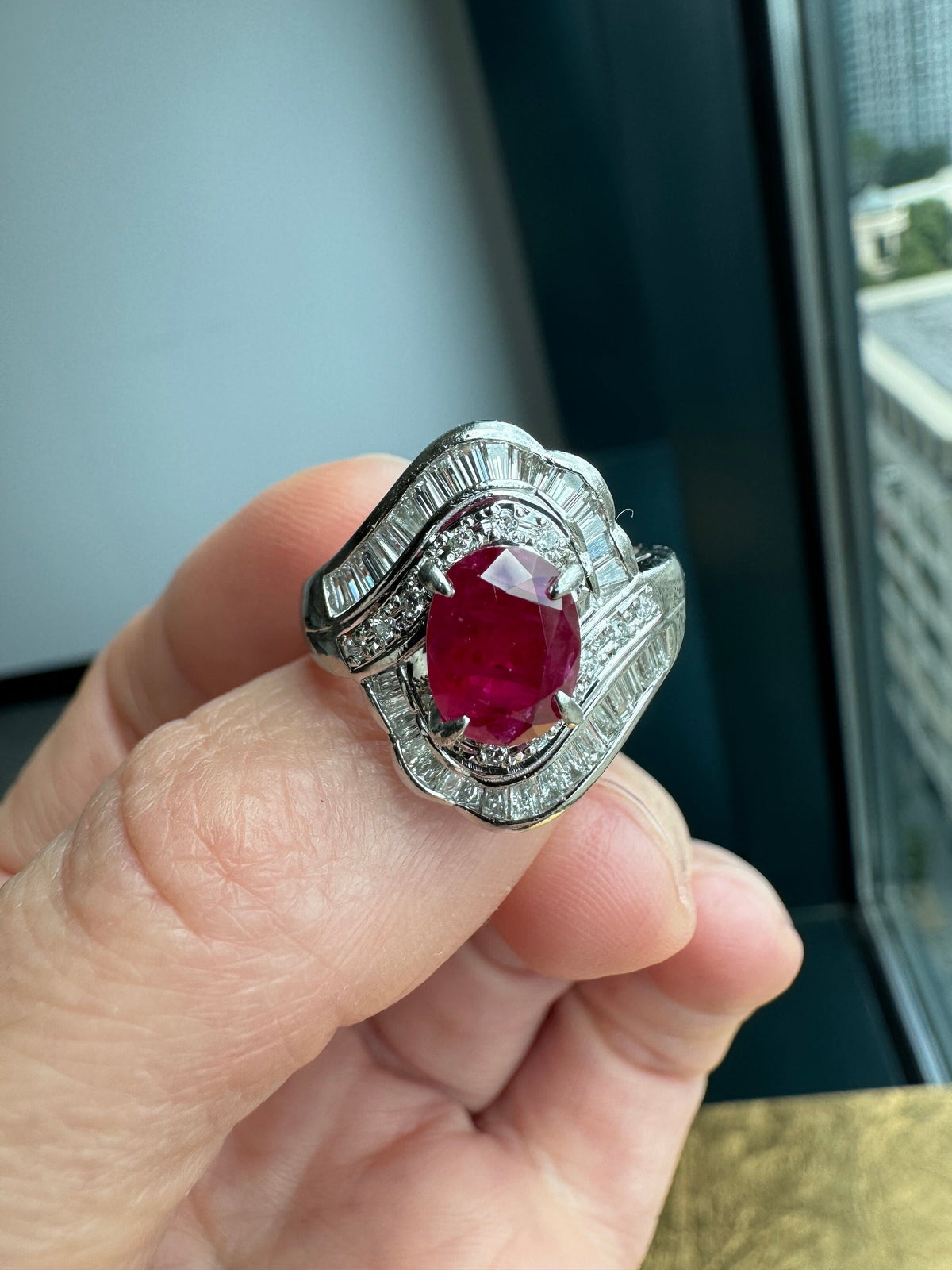 Solid Platinum Ruby and Diamond Ring, Size 6