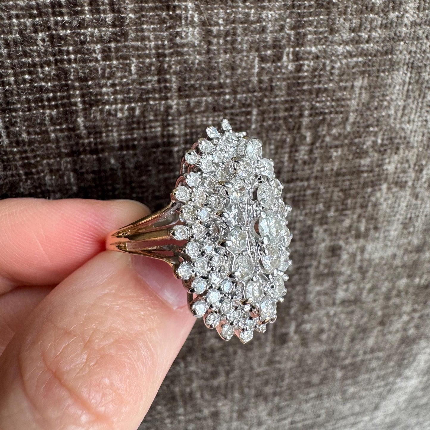 Vintage 14k Solid Yellow & White Gold 2.5 Carat Diamond Statement Cluster Ring