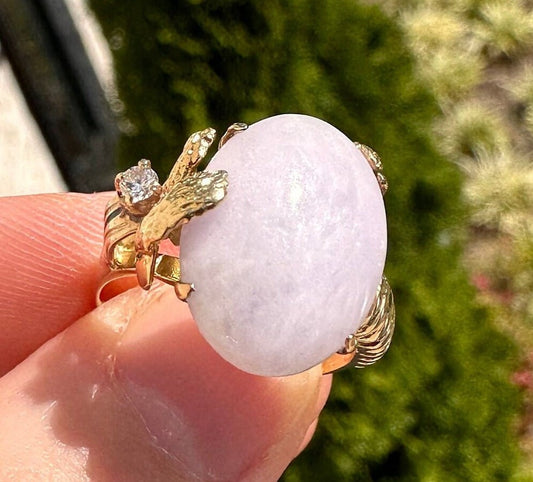 Vintage Natural Lavender Jade and Diamond 14k Solid Gold Ring