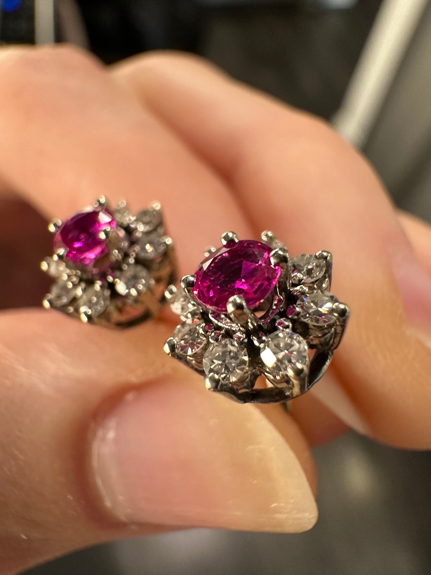 Stunning Estate Natural Ruby & Diamond Earrings Set in 14k Solid White Gold