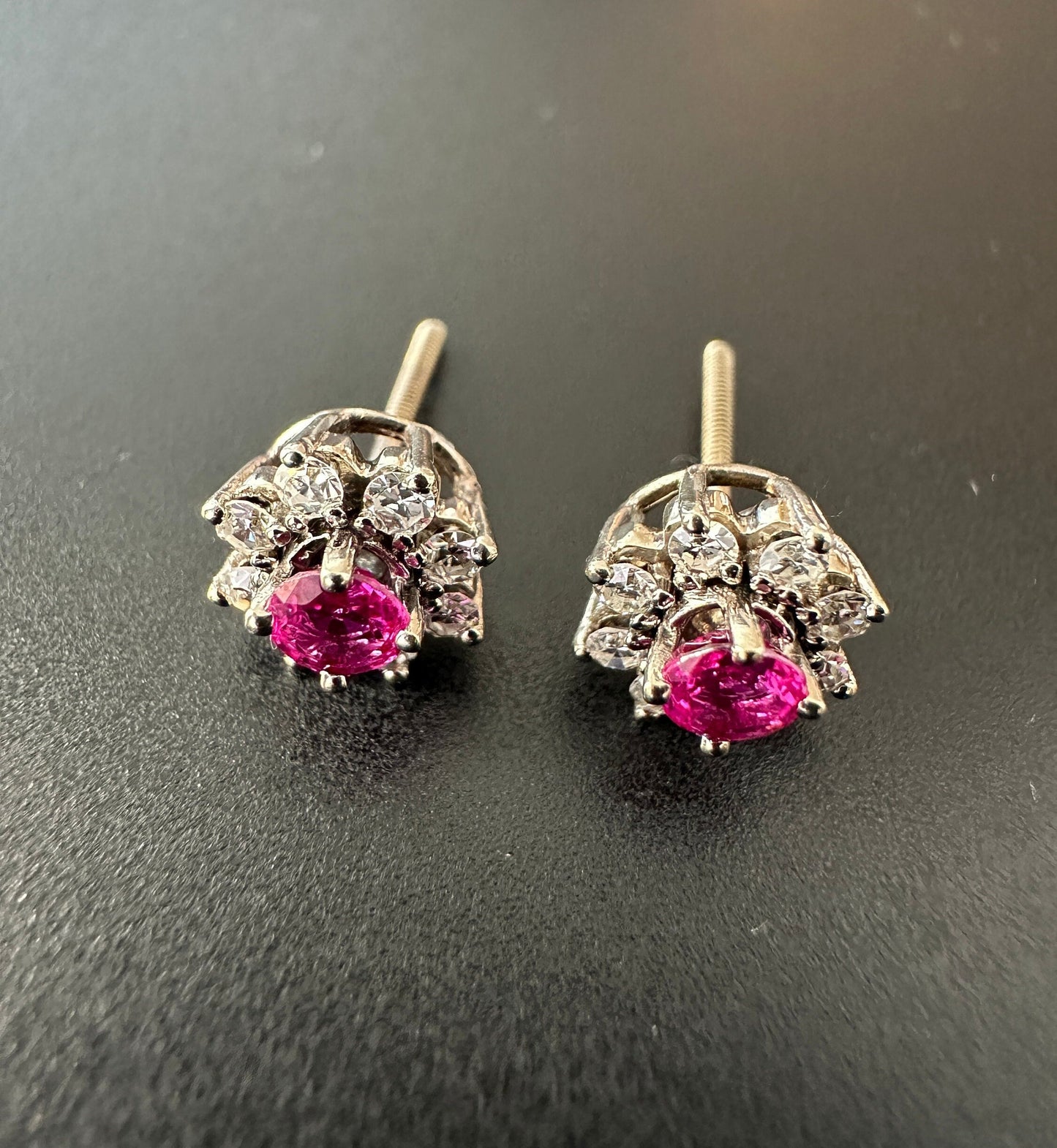 Stunning Estate Natural Ruby & Diamond Earrings Set in 14k Solid White Gold