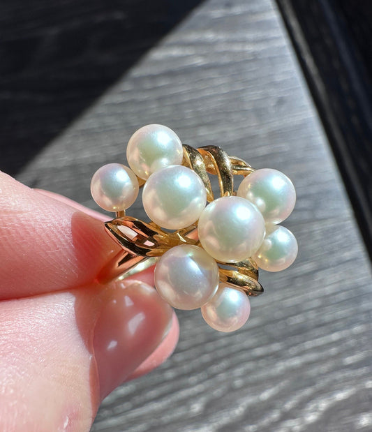 Vintage Estate 18k Solid Yellow Gold Mikimoto 8 Pearl Ring